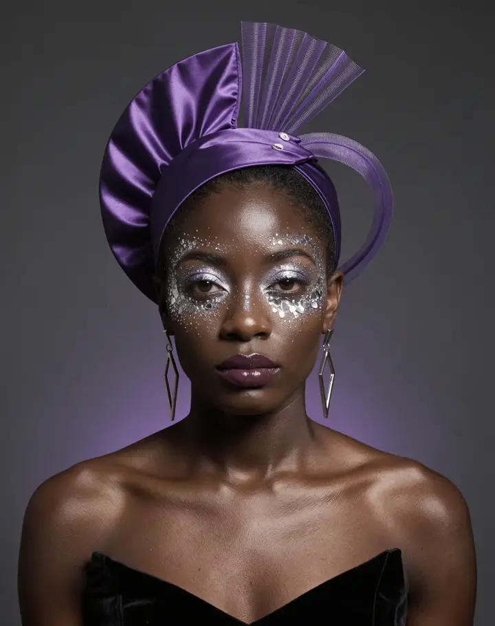 AI-generated editorial portrait with silver glitter makeup and purple headpiece
