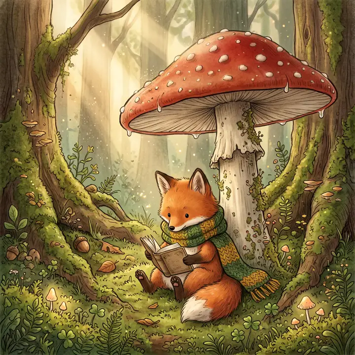 AI-generated storybook illustration of a fox reading under a mushroom