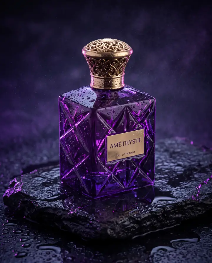 AI-generated amethyst glass perfume bottle on wet black stone