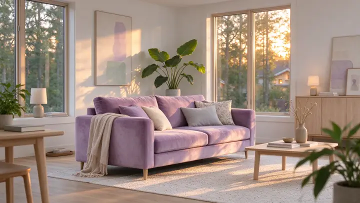 AI-generated Scandinavian living room with a lavender sofa